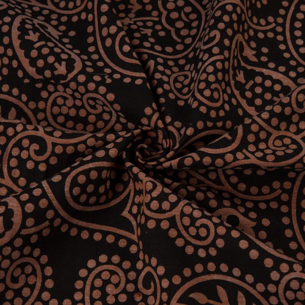Paisley Brown & Black Screenprinted Cotton Khadi 88 GSM Handwoven Fabric