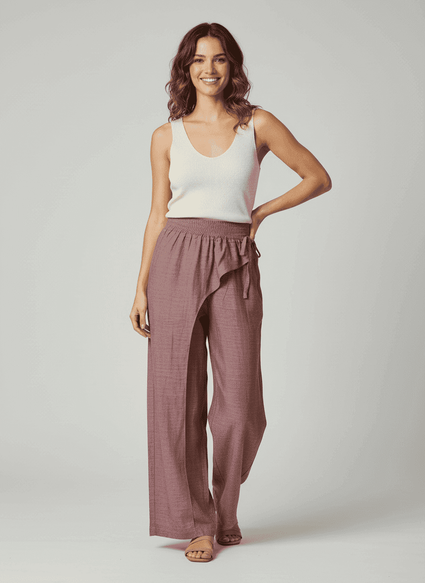 Straight Cut Wide Leg Bottom Pants With Side Ties - Curve Cut