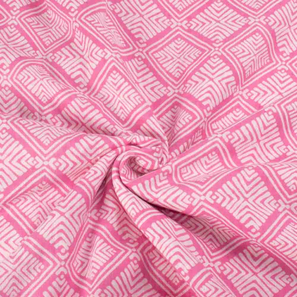 Abstract Pink White Screenprinted Pure Khadi 90 GSM Handwoven Fabric