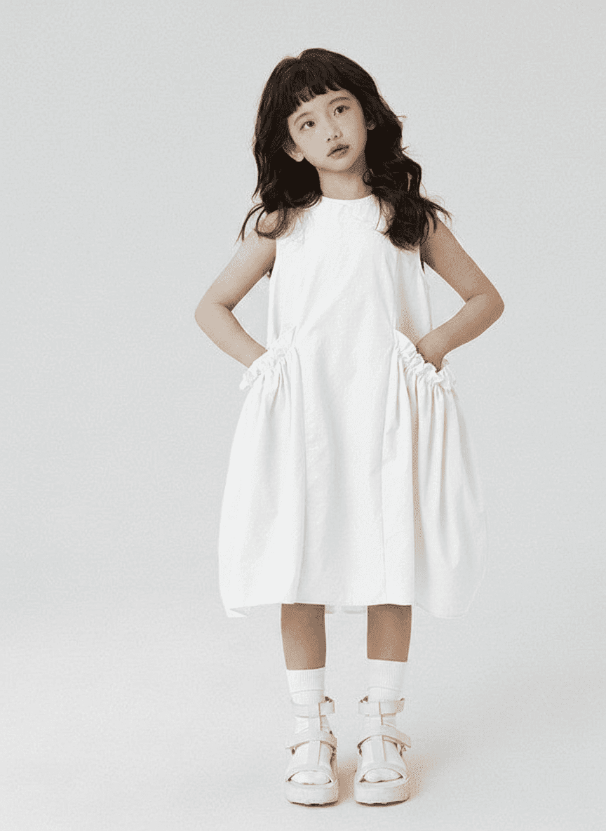 Side Ruffled & Gathered Pockets Kids Dress