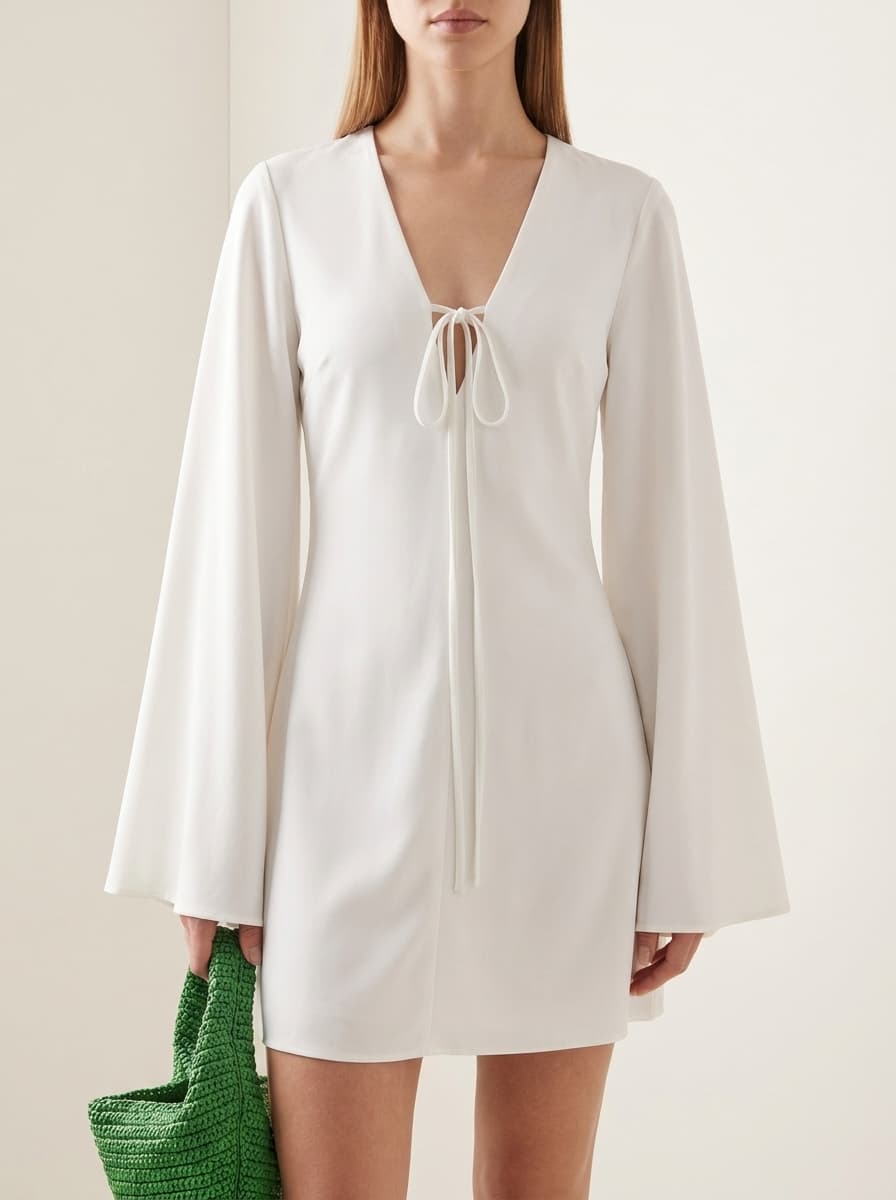 Deep V Shift Dress With Flared Sleeves & Front Back Ties