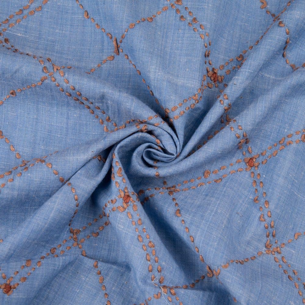 Check Blue Kantha Embroidered Khadi Cotton 97 GSM Handwoven Fabric