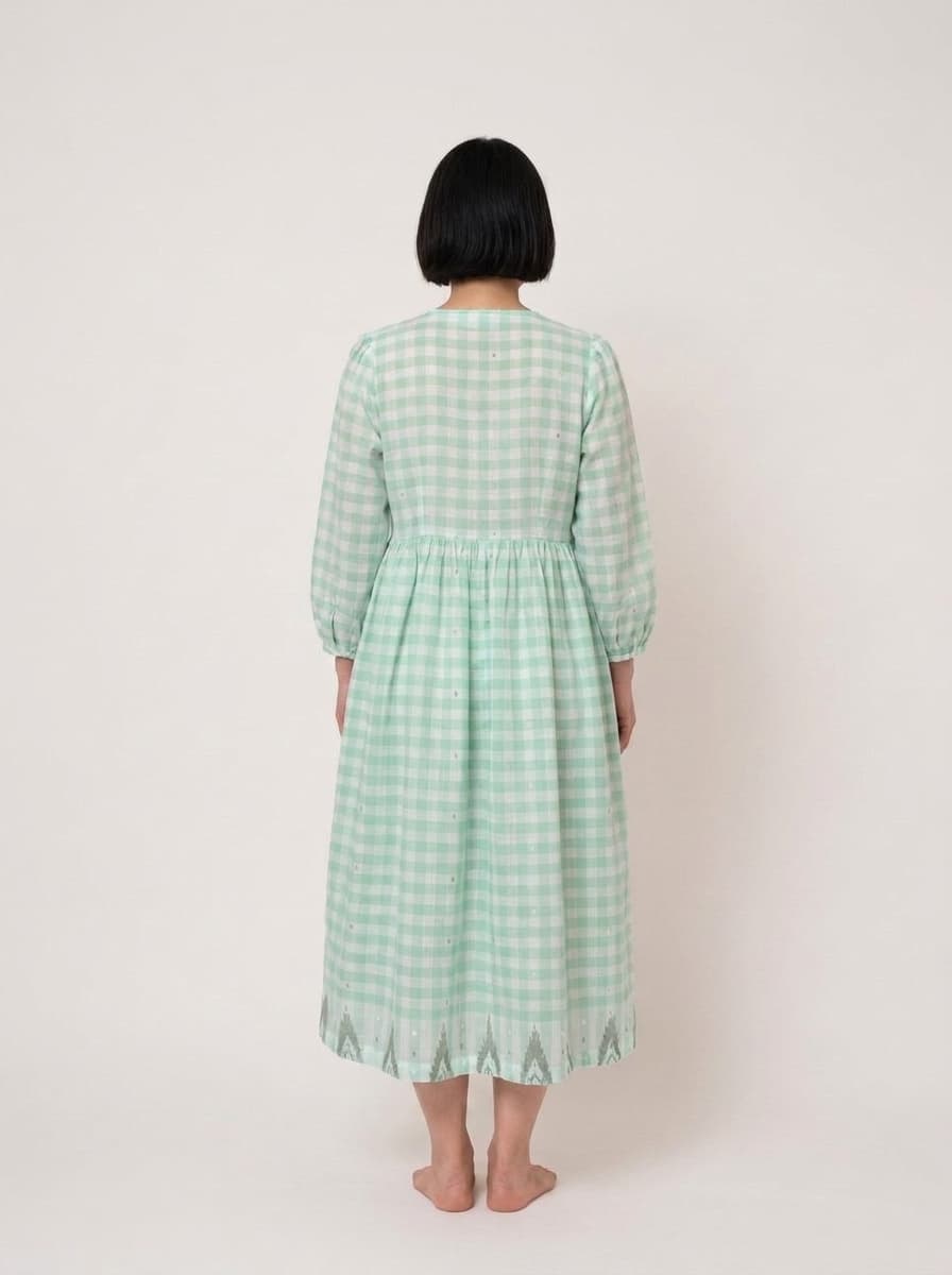 Buttoned & Gathered Lose Midi Dress - Green & White