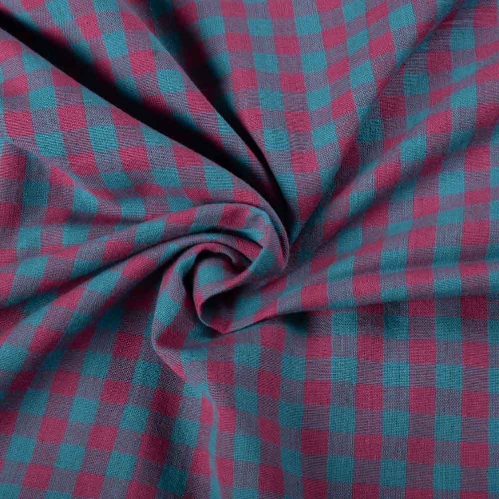 Check Deep Pink & Turquoise Pure Cotton 90 GSM Handwoven Fabric
