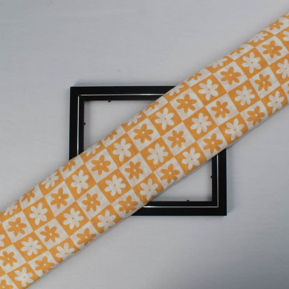Floral Yellow White Screenprinted Pure Khadi 90 GSM Handwoven Fabric