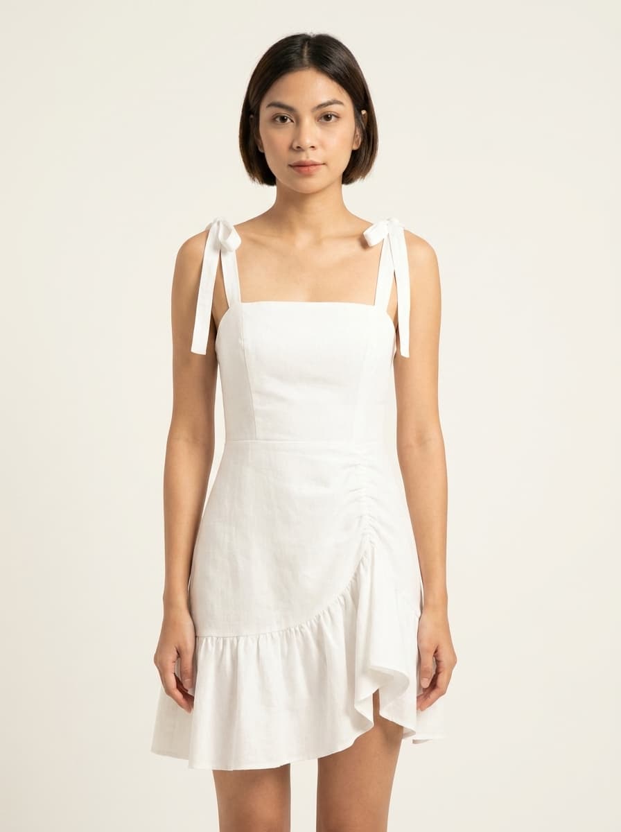 Pull Up Gathered Dress With Tie Up Straps