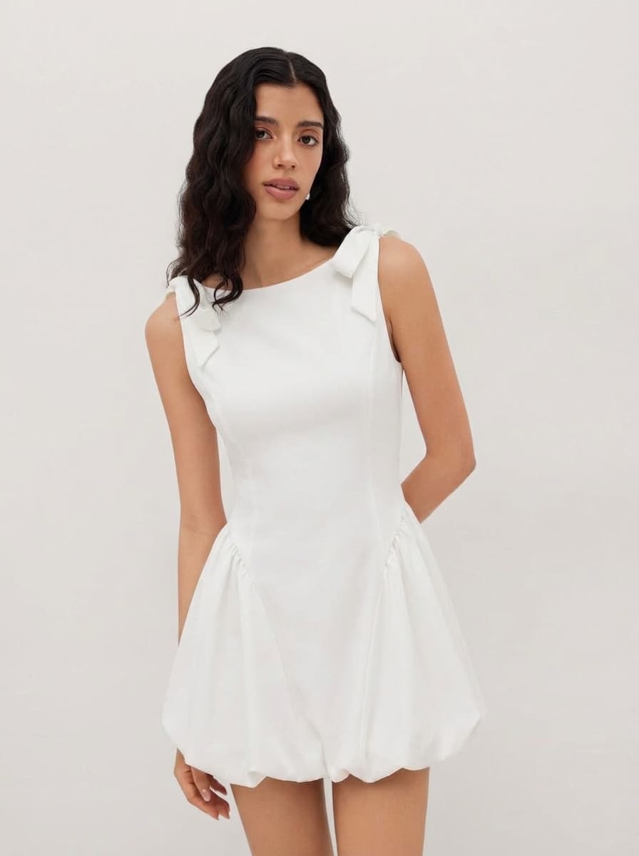Side Bubble Gathers Dress With Bows on Shoulders