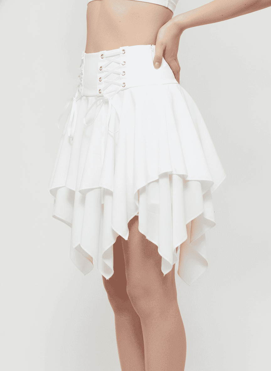 Asymmetric Hem Ribbon Tied Skirt