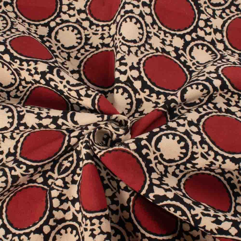 Natural Mari Gold & Babool Gond With Iron Dust Cream Red And Black Block Printed Organic Khadi 174 GSM Handwoven Fabric