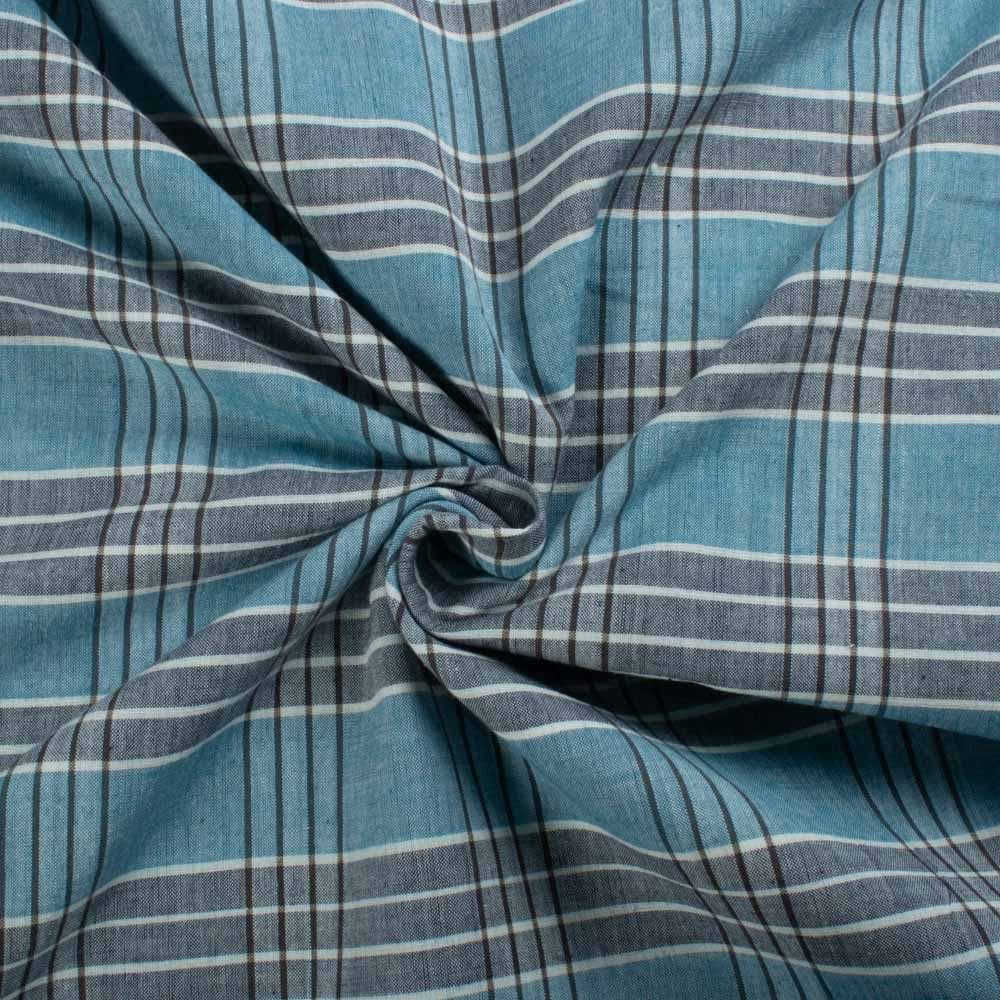 Check White Blue and Grey Pure Cotton 100 GSM Handwoven Fabric