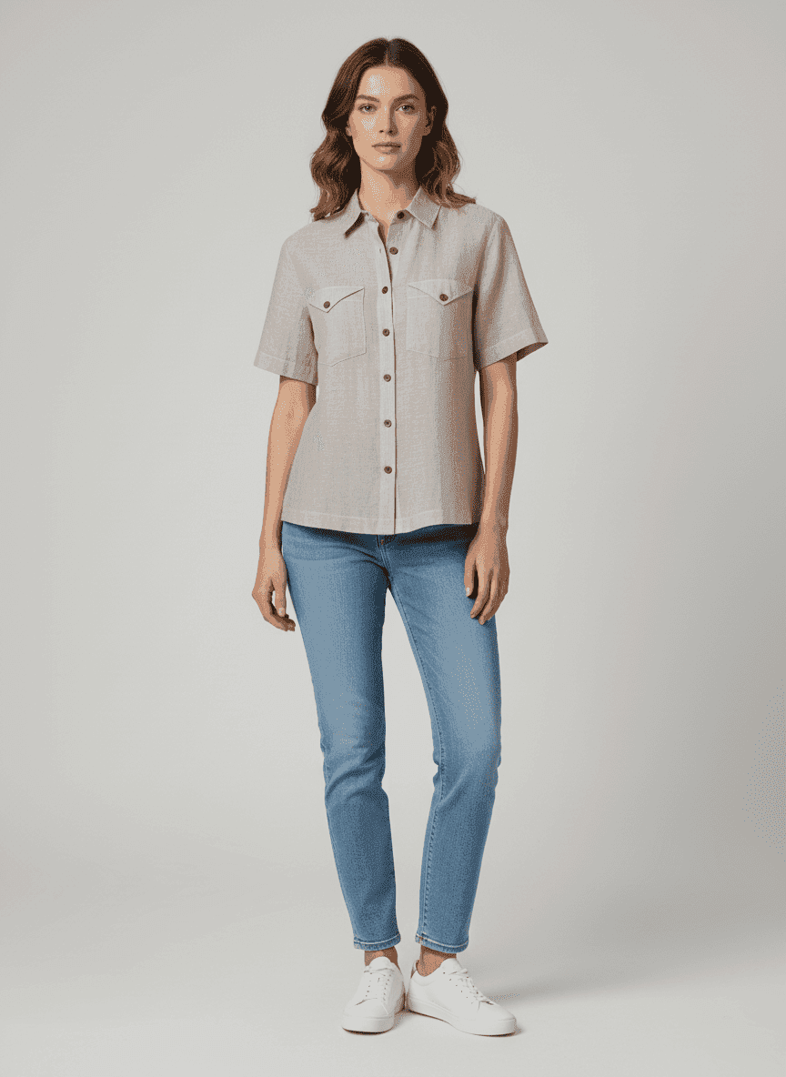 Basic Spread Collared Shirt With Center Placket- Short Sleeves