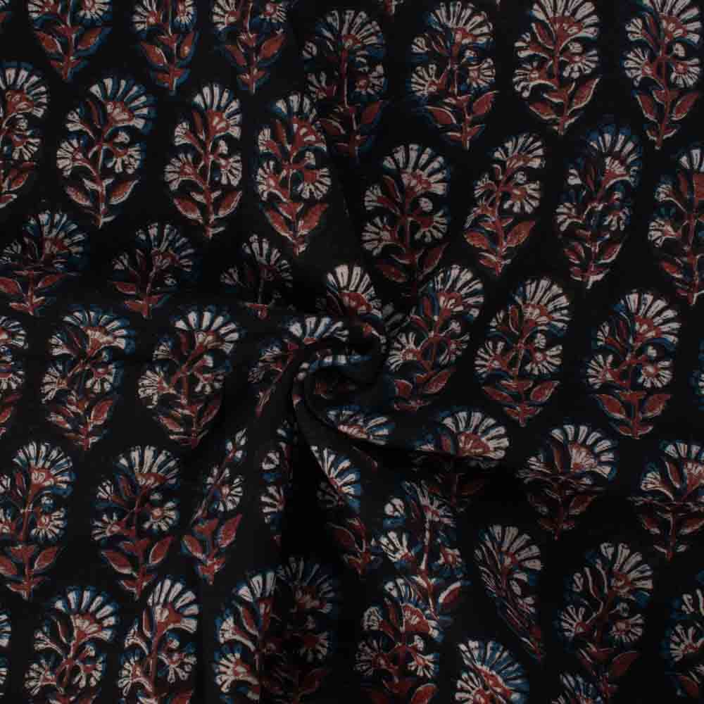 Natural Iron Rust With Jaggery Black Block Printed Organic Khadi 174 GSM Handwoven Fabric