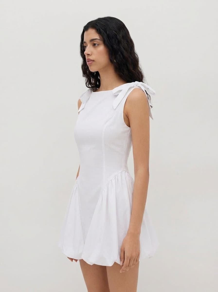 Side Bubble Gathers Dress With Bows on Shoulders
