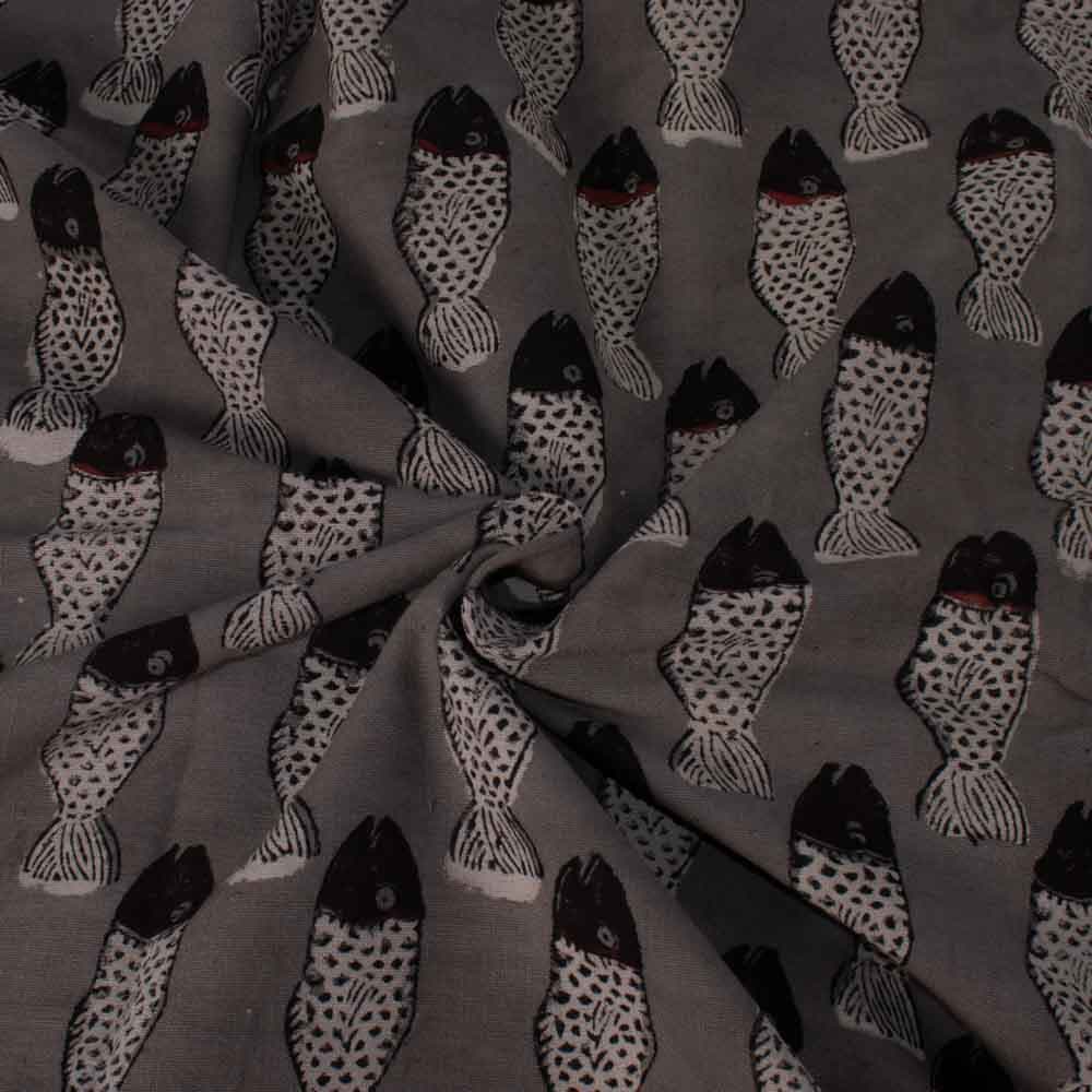 Natural Iron Rust Grey Block Printed Organic Khadi 174 GSM Handwoven Fabric