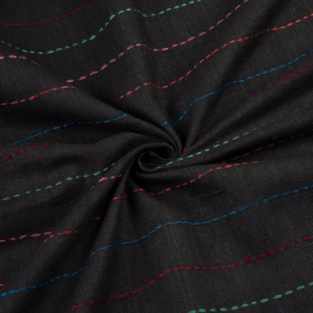 Stripe Brown Kantha Embroidered Pure Khadi Handspun & Handwoven 133 GSM Fabric