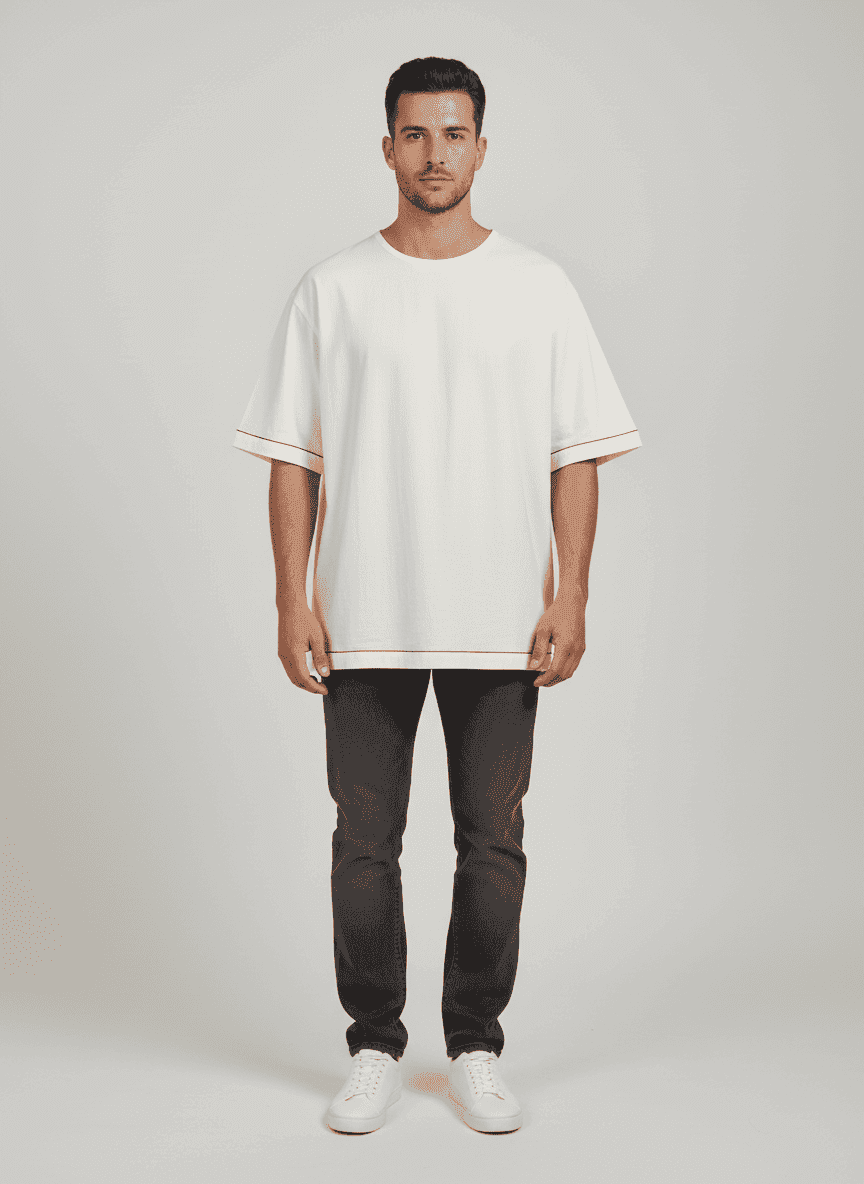 Oversized T-Shirt With Round Neck - Contrast Stitched Embroidery
