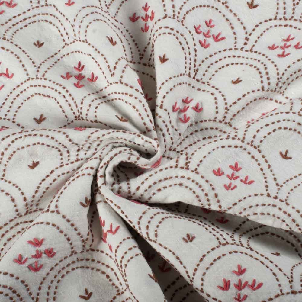 Scallop Cream Kantha Embroidered Khadi Cotton 165 GSM Handwoven Fabric