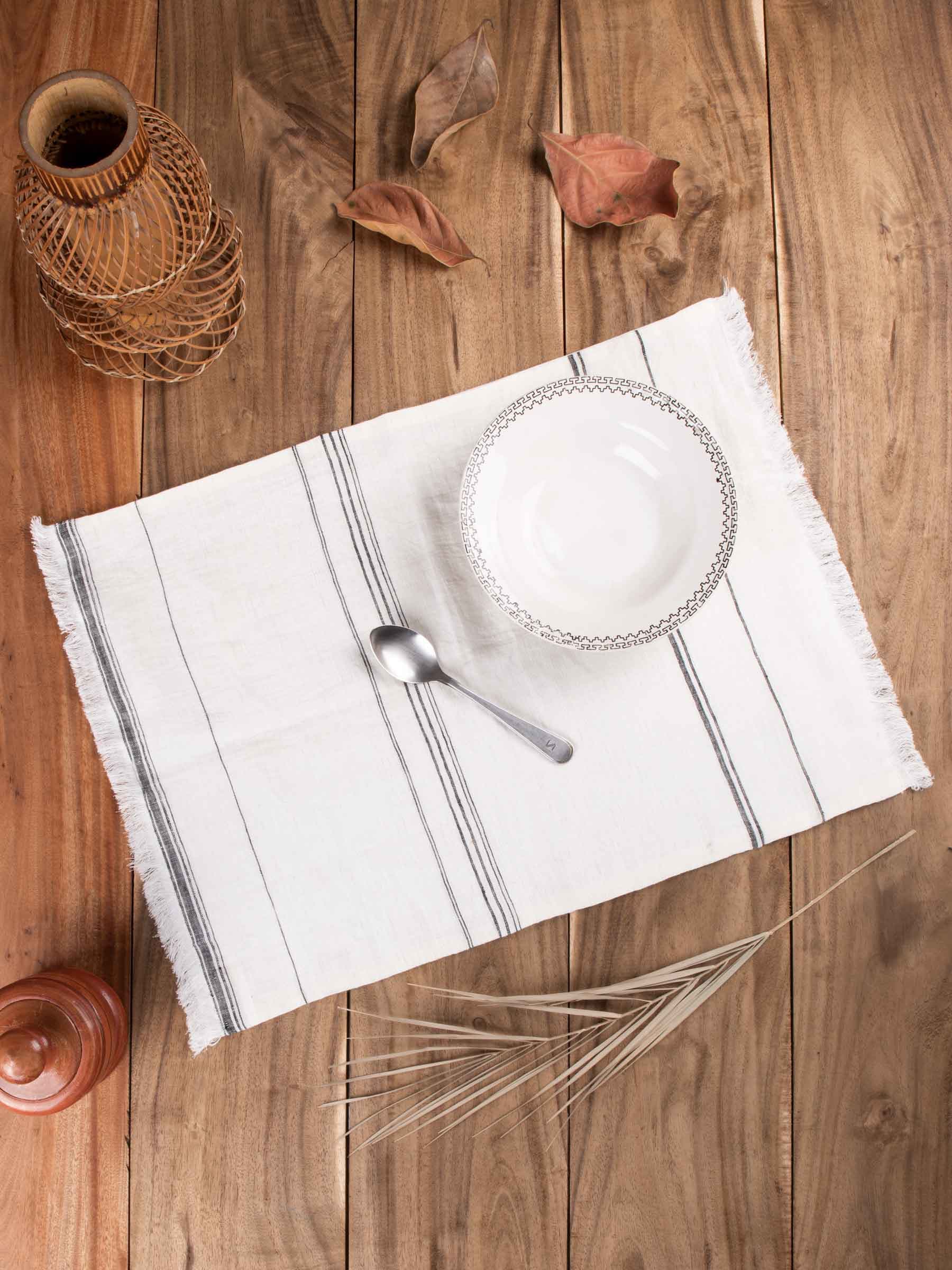 White & Black Striped Handwoven Pure Linen Table Placemat