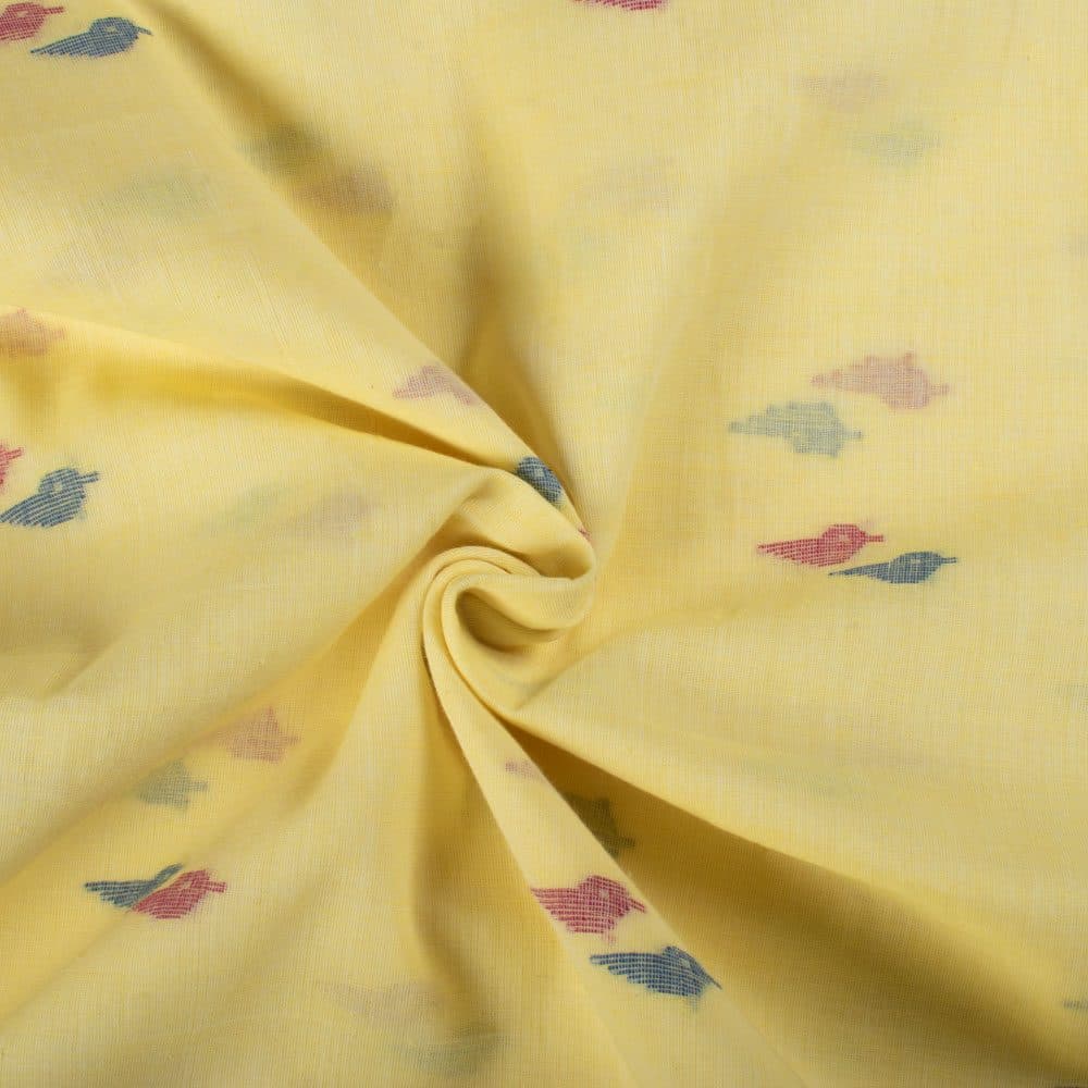 Plain Yellow Pure Cotton 55 GSM Red & Blue Bird Motif Jamdani Fabric