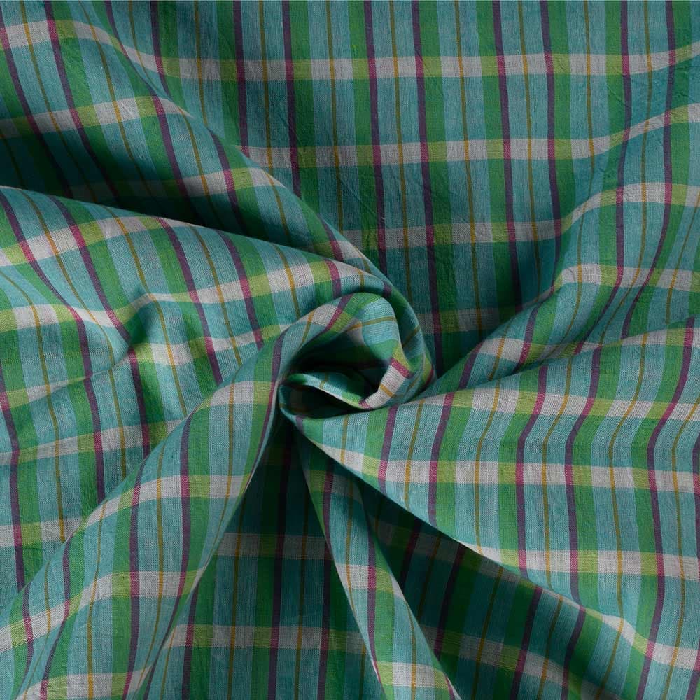 Check Green Pure Cotton 60 GSM Handwoven Fabric 350