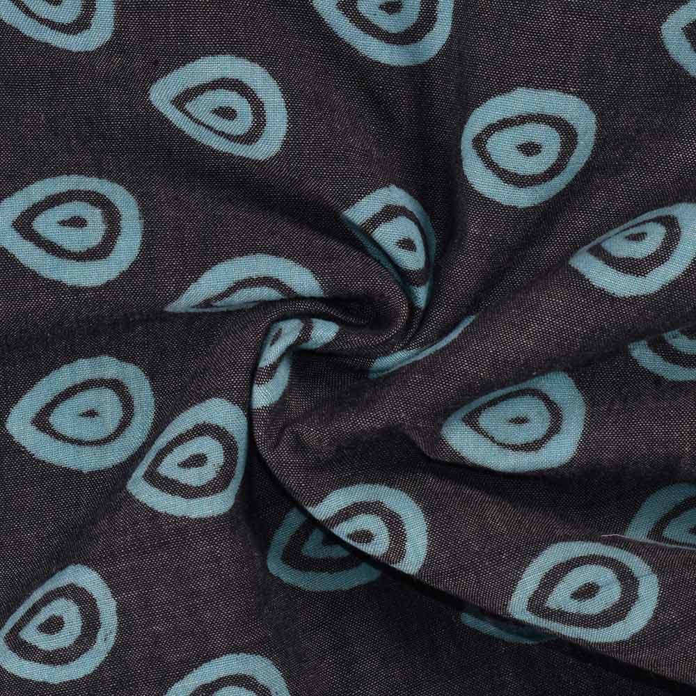 Teardrop Blue Black Discharge Block Printed Pure Cotton 88 GSM Handwoven Fabric