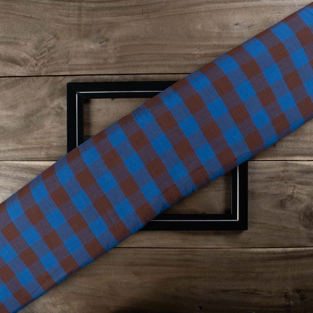 Check Royel Blue & Brown Pure Cotton 100 GSM Handwoven Fabric