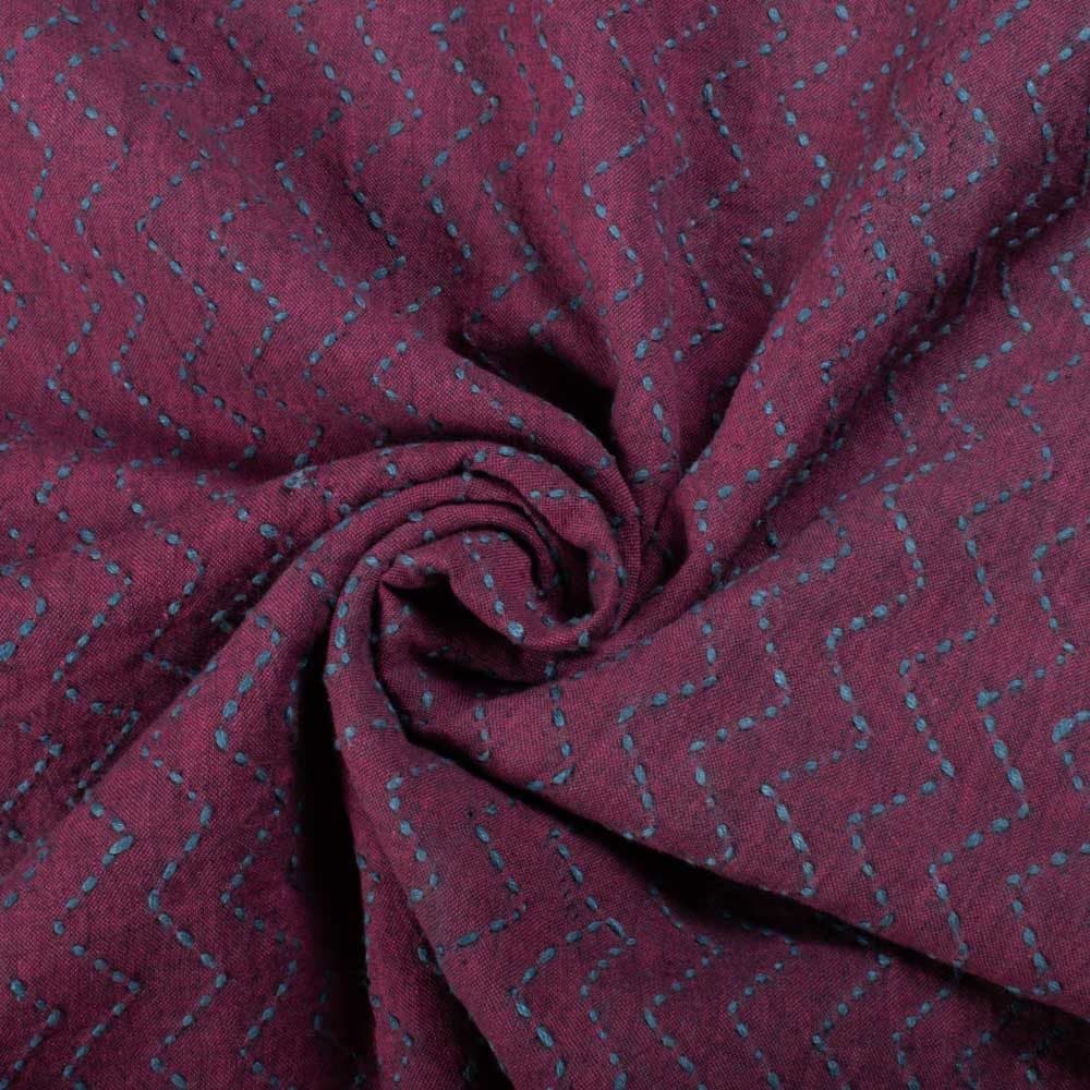 Zig Zag Plum Kantha Embroidered Pure Khadi Handspun & Handwoven 90 GSM Fabric