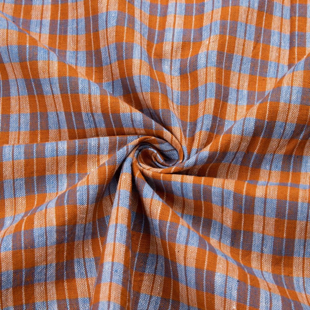 Check Orange & Blue Pure Cotton 92 GSM Handwoven Fabric 260