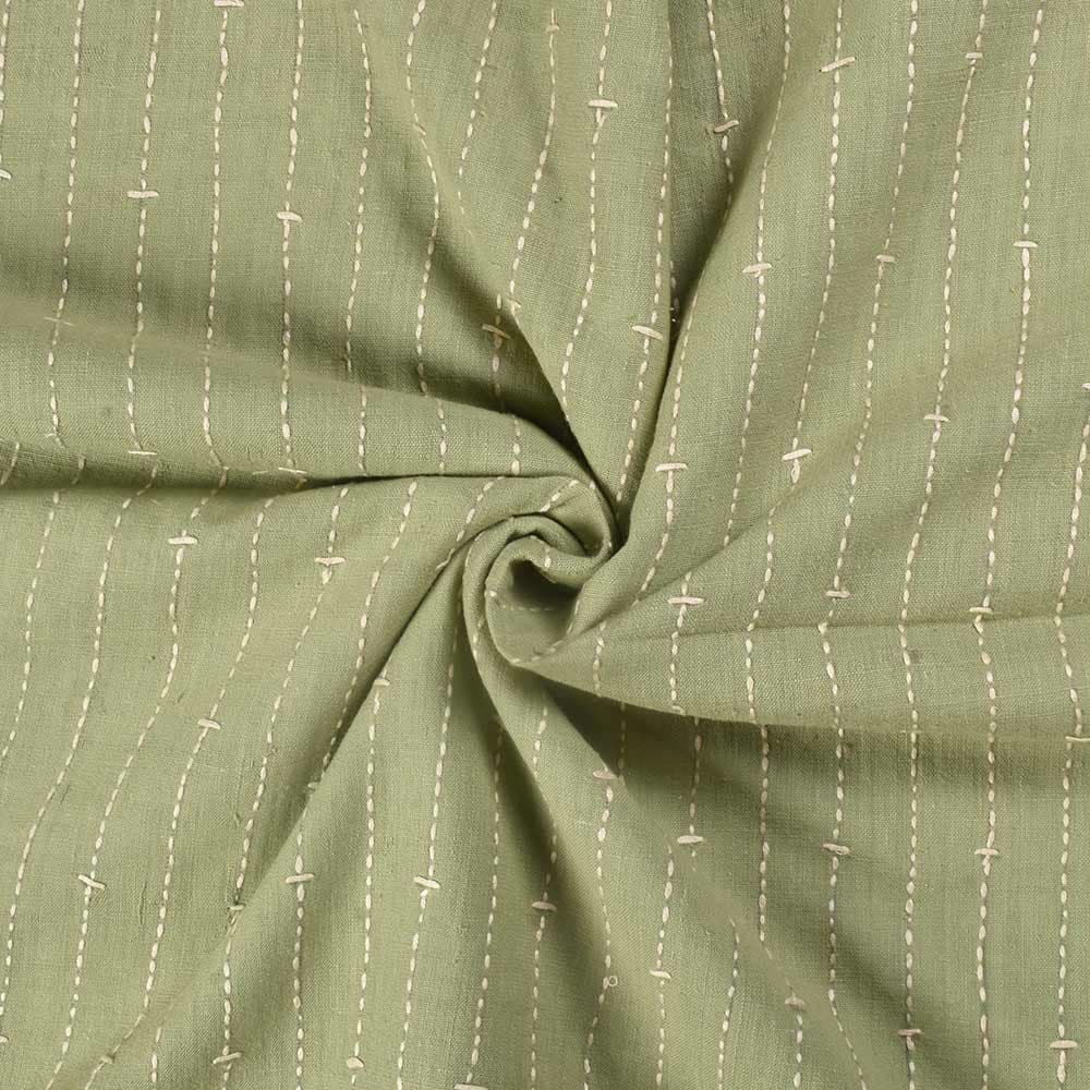 Stripe Green Kantha Embroidered Pure Khadi 140 GSM Handwoven Fabric