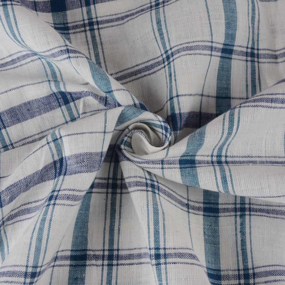 Check Blue Teal & White Khadi Fabric - 112 GSM Handspun & Handwoven