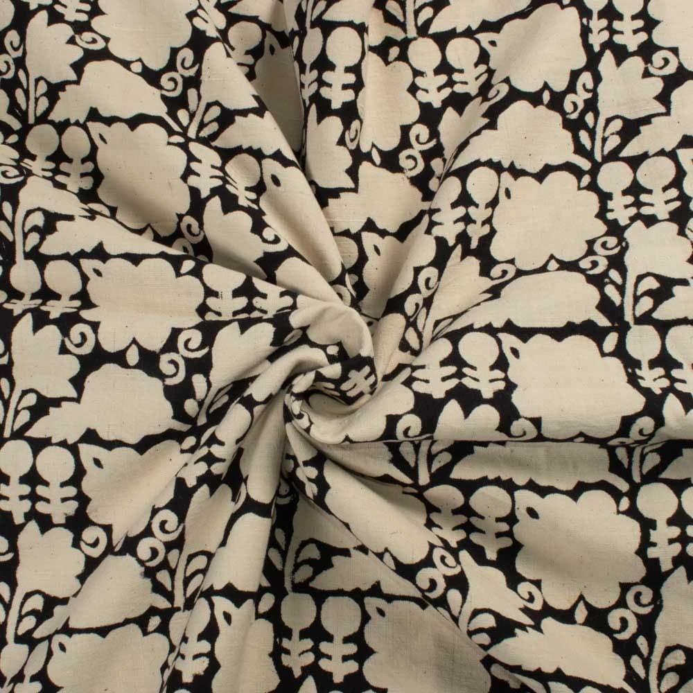 Abstract Black Creme Block Ajrakh Print Pure Khadi Natural Dye 107 GSM Fabric