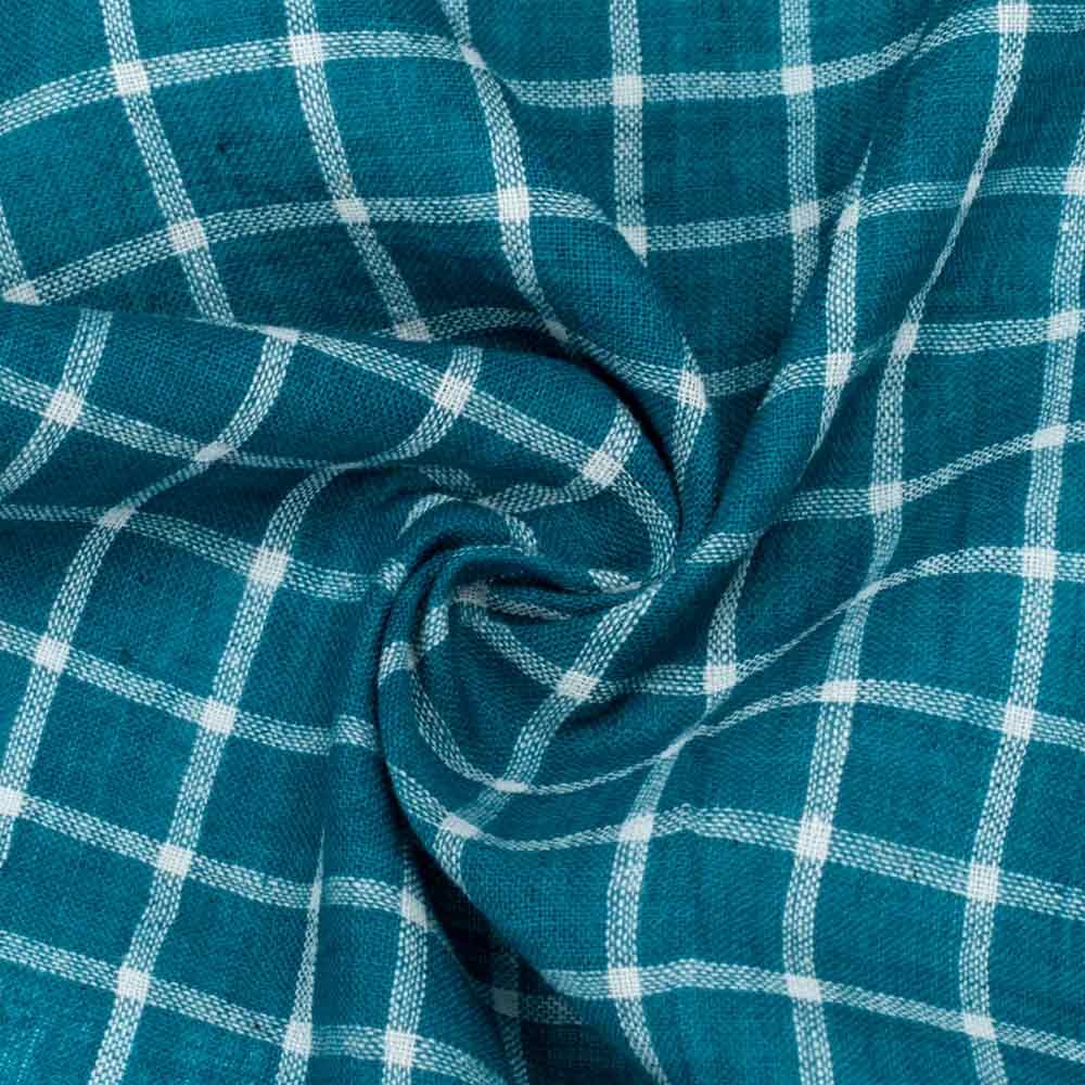 Check Teal Pure Cotton 60 GSM Handwoven Fabric