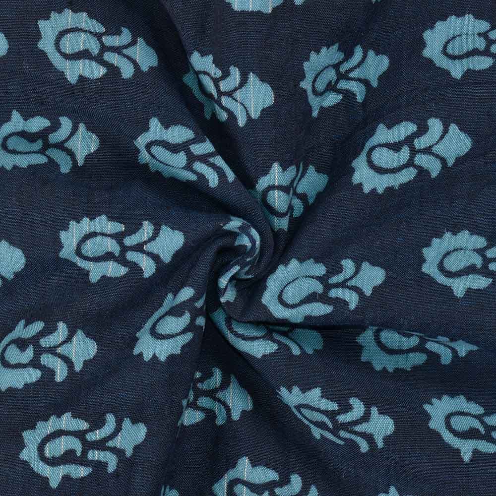 Abstract Blue Discharge Block Printed Pure Cotton 88 GSM Handwoven Fabric