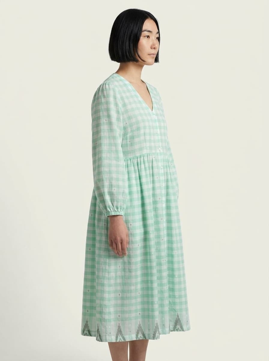 Buttoned & Gathered Lose Midi Dress - Green & White