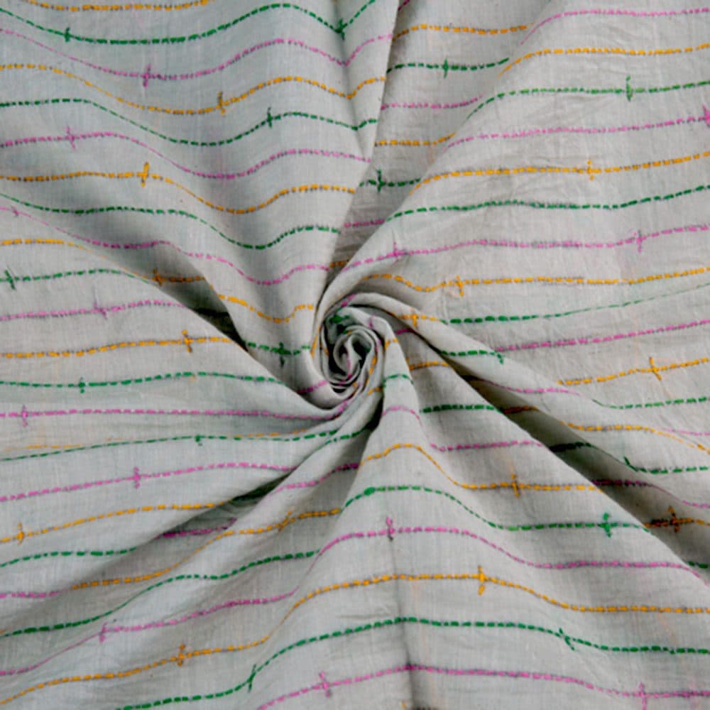 Stripe White Kantha Embroidered Khadi Cotton 115 GSM Handwoven Fabric