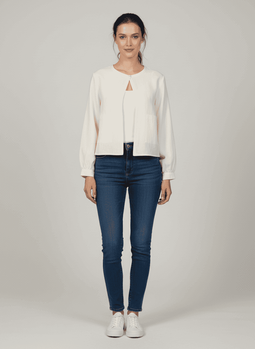 Crop Jacket With Center Opening - Long Puff Sleeves