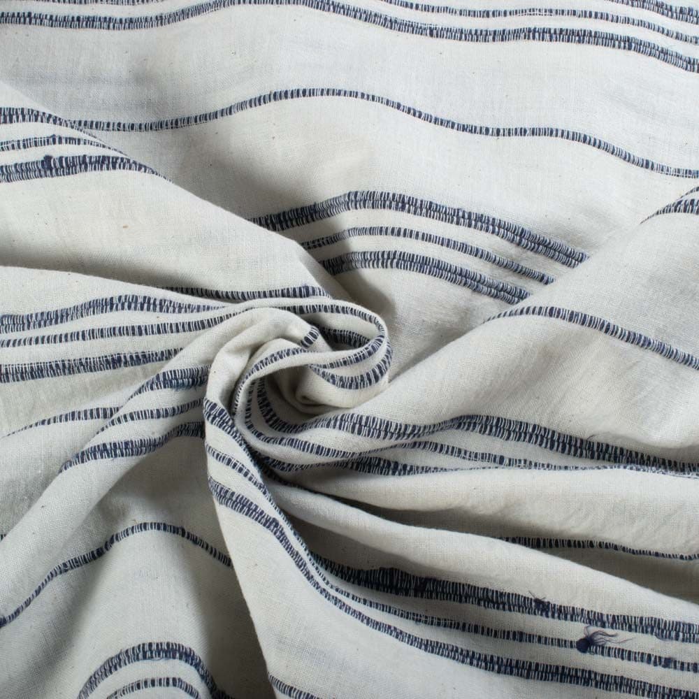 Khesh Recycled White & Nevy Blue Stripe 160 GSM Pure Cotto Handwoven Fabric