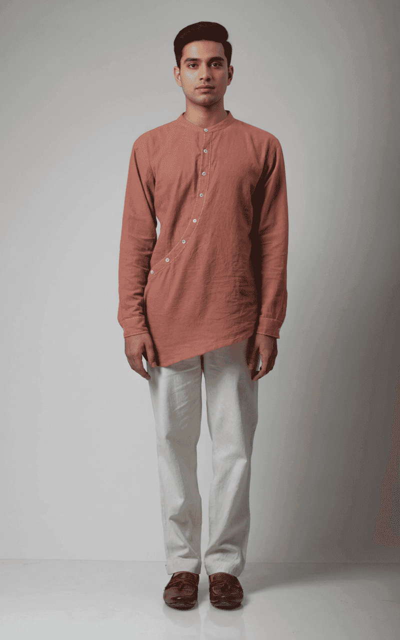 Short  Aasymmetrical Plaket Kurta With Side Tie-Up Strings