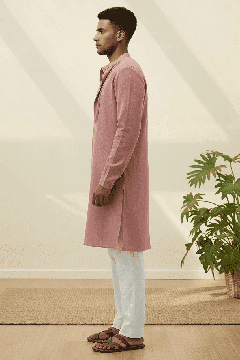 Chambray Pink Khadi Cotton Kurta With Pleated Placket