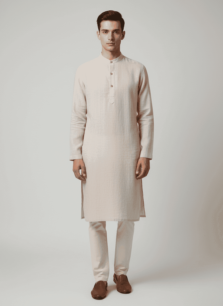 Band Collared Kurta With Popover Placket And Full Sleeves