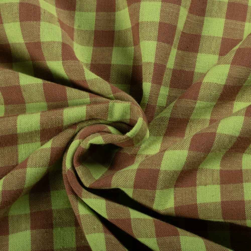 Check Leyon Green & Brown Pure Cotton 98 GSM Handwoven Fabric