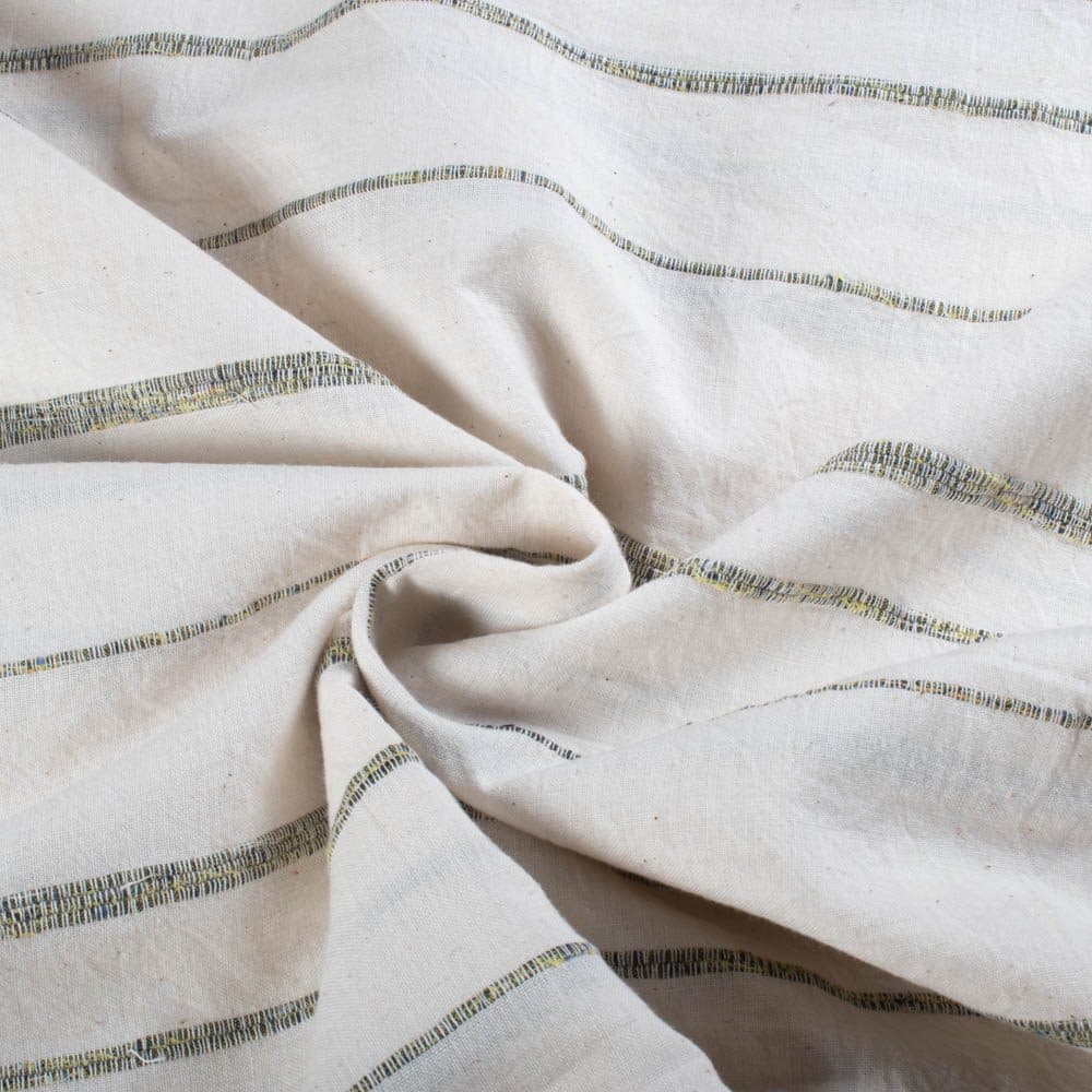 Khesh Recycled White & Greenish Yellow Stripe Pure Cotton 145 GSM Handwoven Fabric