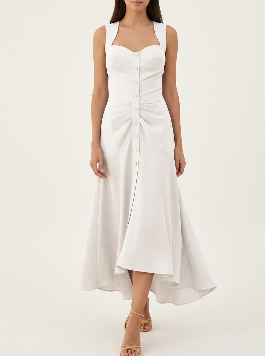Centre Gathers & Buttoned Midi Dress