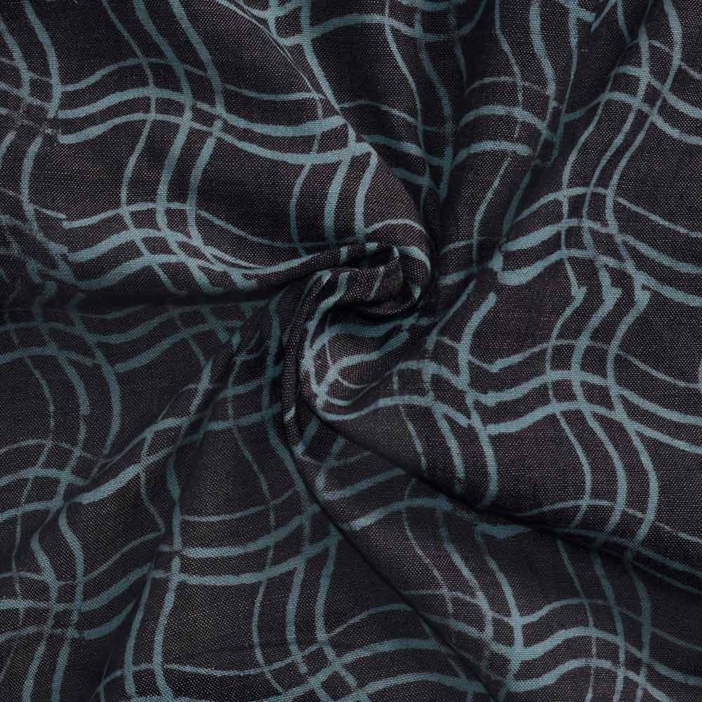Wavy Blue Black Discharge Block Printed Pure Cotton 88 GSM Handwoven Fabric
