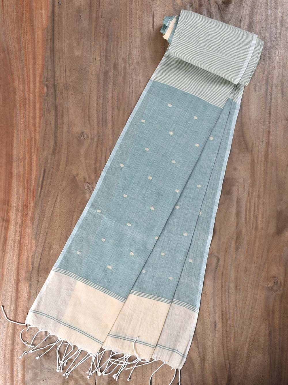 Polka Dot Beige & Olive Green Jamdani Handwoven Cotton Scarf