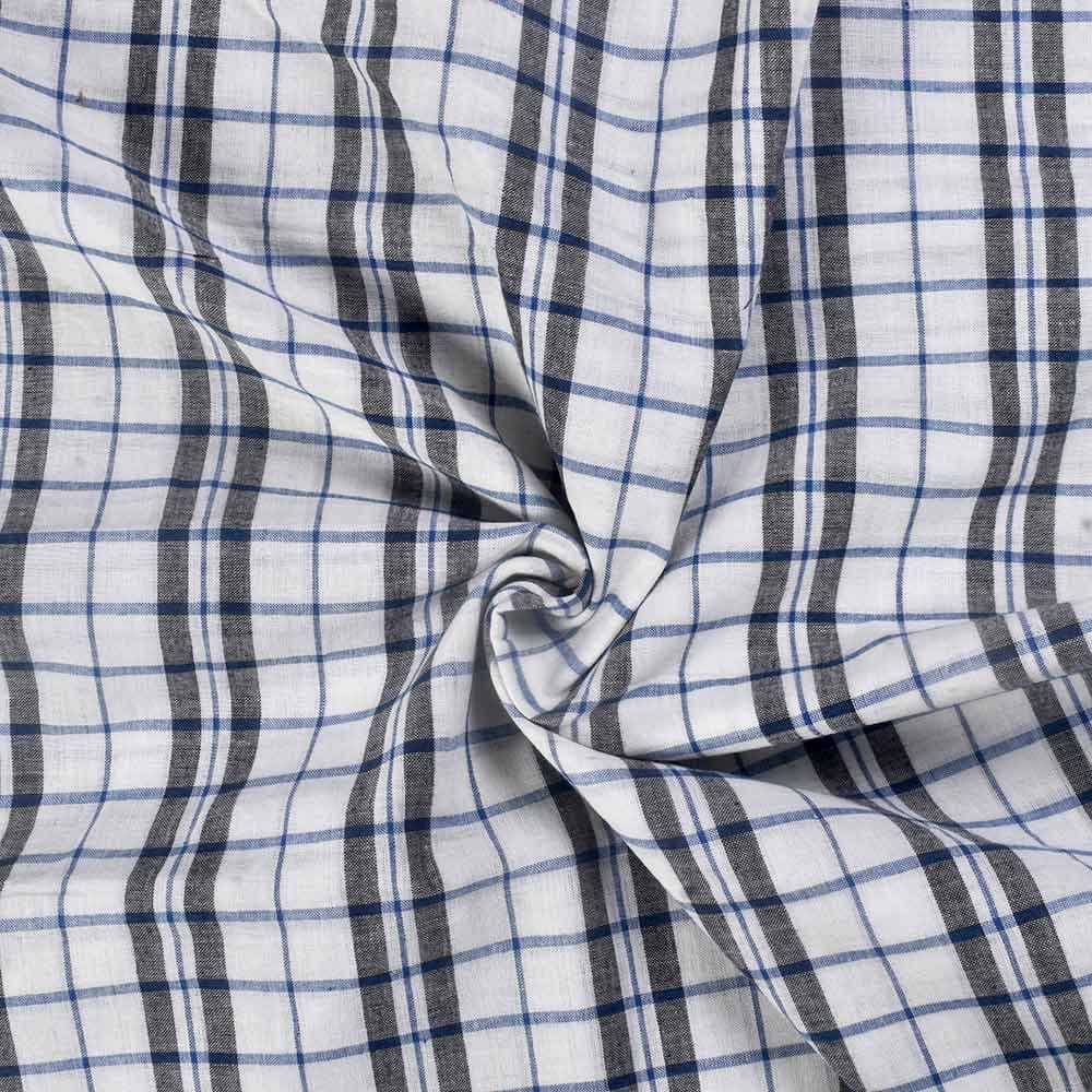 Check White Blue & Black Pure Cotton 95 GSM Handwoven Fabric