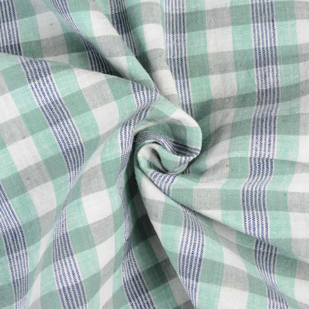 Check Green & Grey Khadi Fabric - 105 GSM Handspun & Handwoven