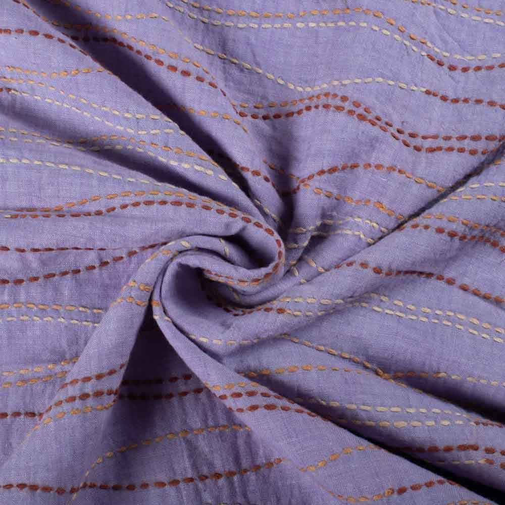 Purple Kantha Embroidered Khadi Cotton 107 GSM Handwoven Fabric