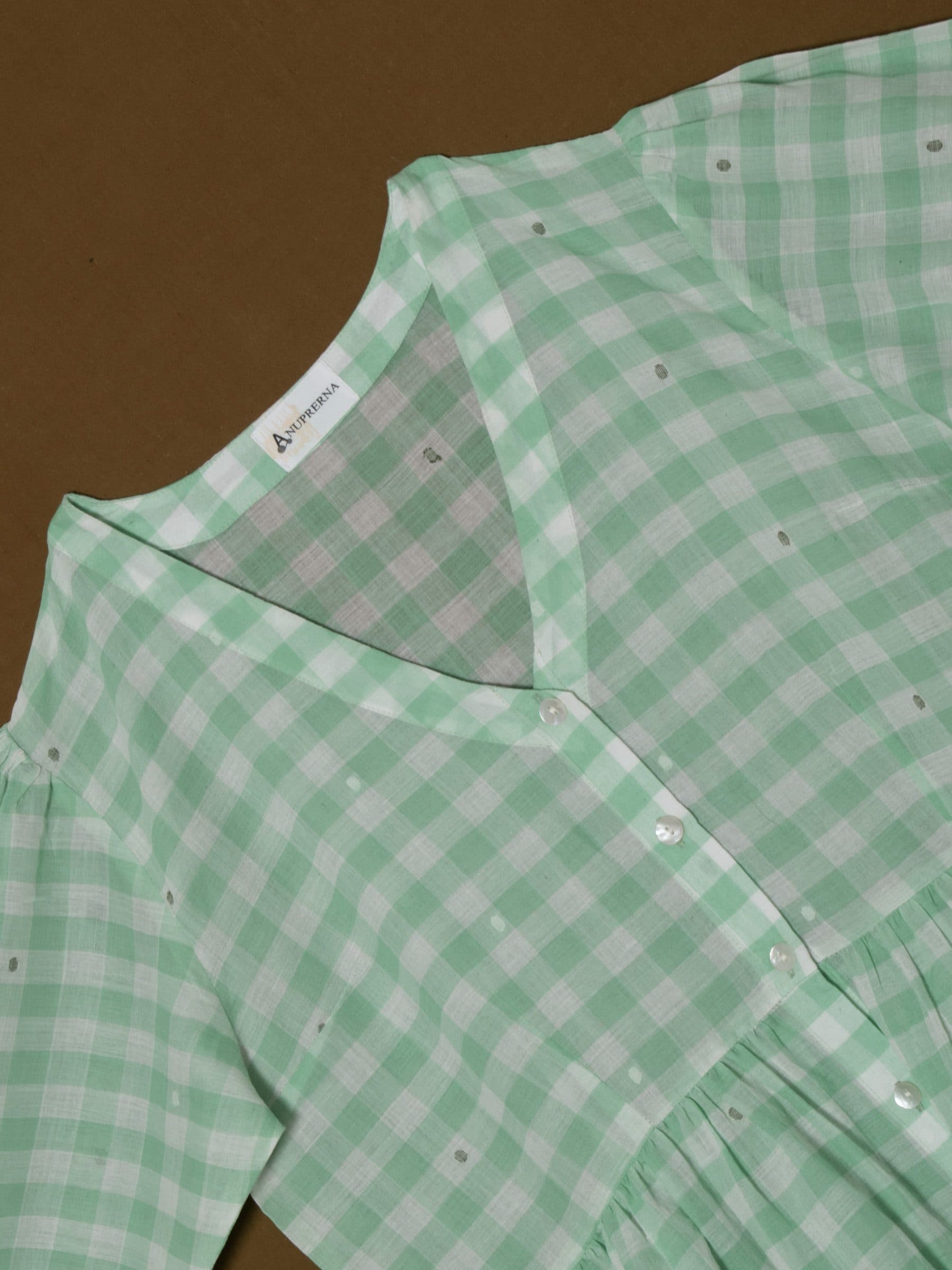 Buttoned & Gathered Lose Midi Dress - Green & White