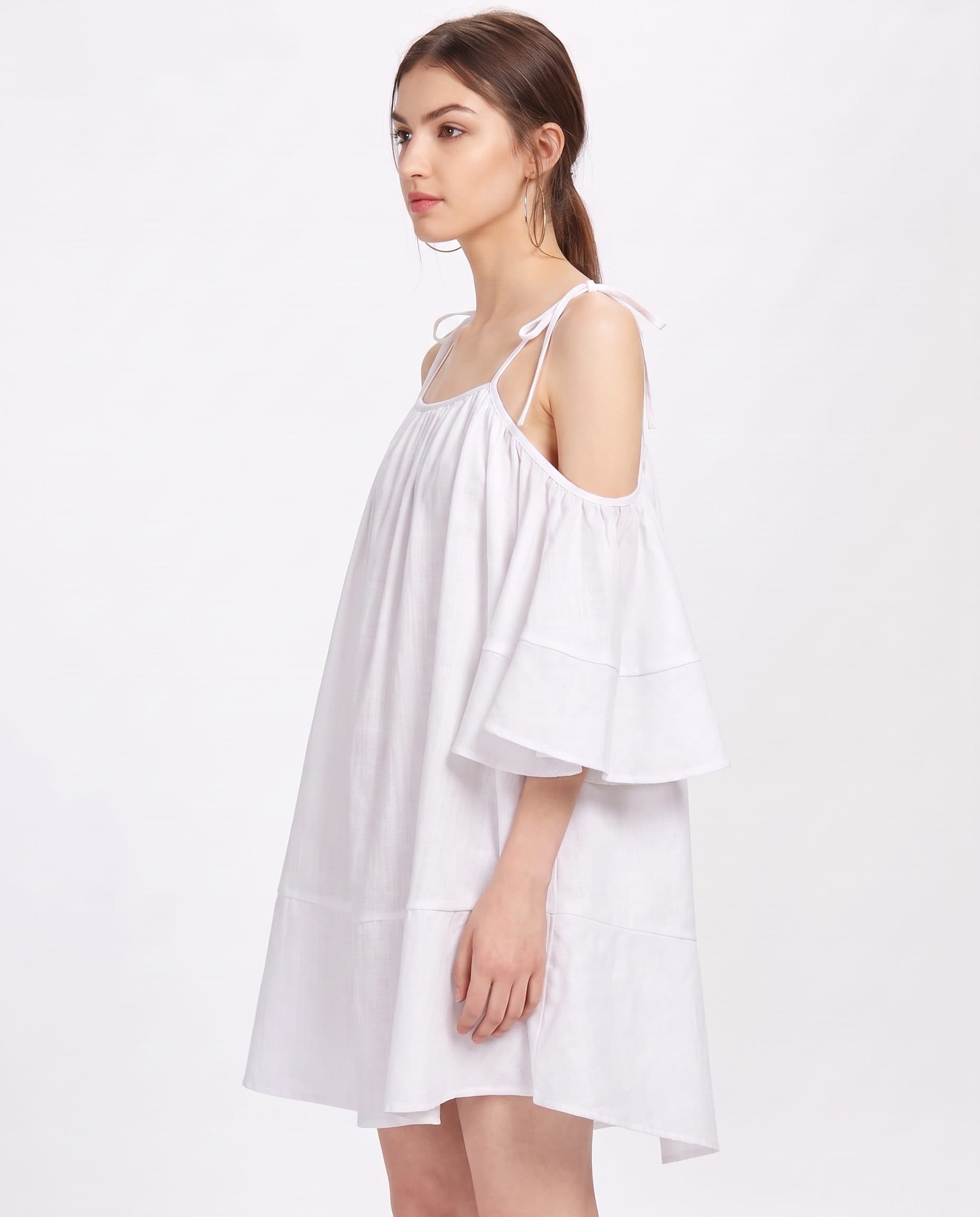 Gathered Cold Shoulder Tied Sleeves Shift Dresss